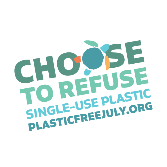 Circular logo encouraging refusal of single-use plastic, featuring a turtle and the text 'Choose to Refuse' and plasticfreejuly.org.